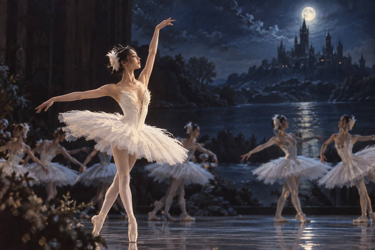 Swan Lake 발레 무대 — 달빛 아래 호수
